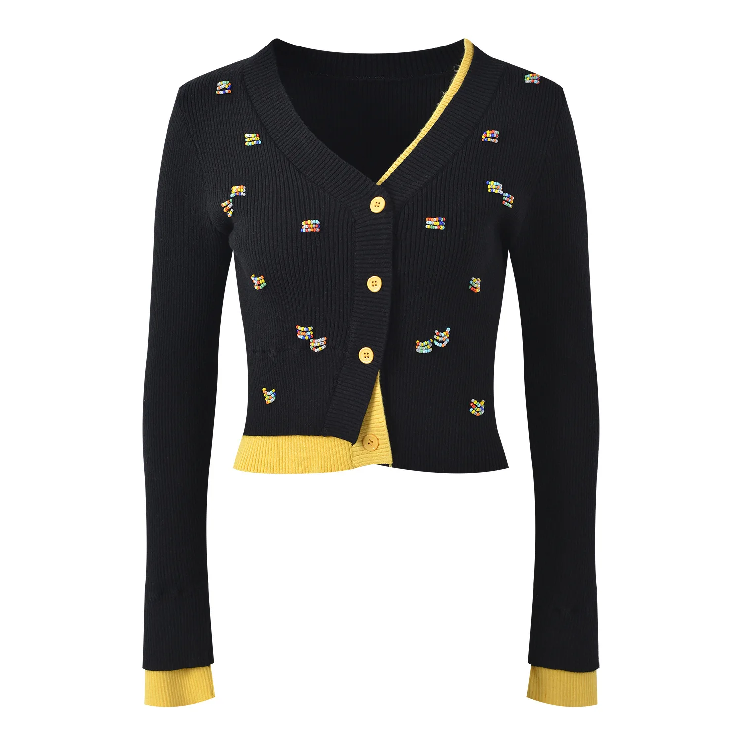 ZJYT-Cardigan à Perles pour Femme, Pull à Col en V et Manches sulfen Tricot Jaune, Nouvelle Collection Automne Hiver 2024