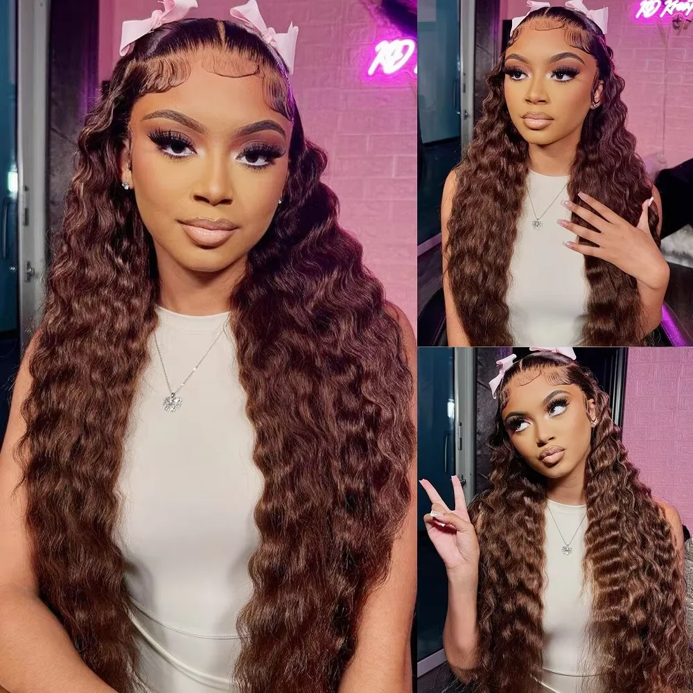 24 26 28 بوصة حزم بني شوكولاتة اللون # 4 حزم شعر بشري مموج عميق فضفاض، حزم شعر بيرو بني داكن مموج مائي