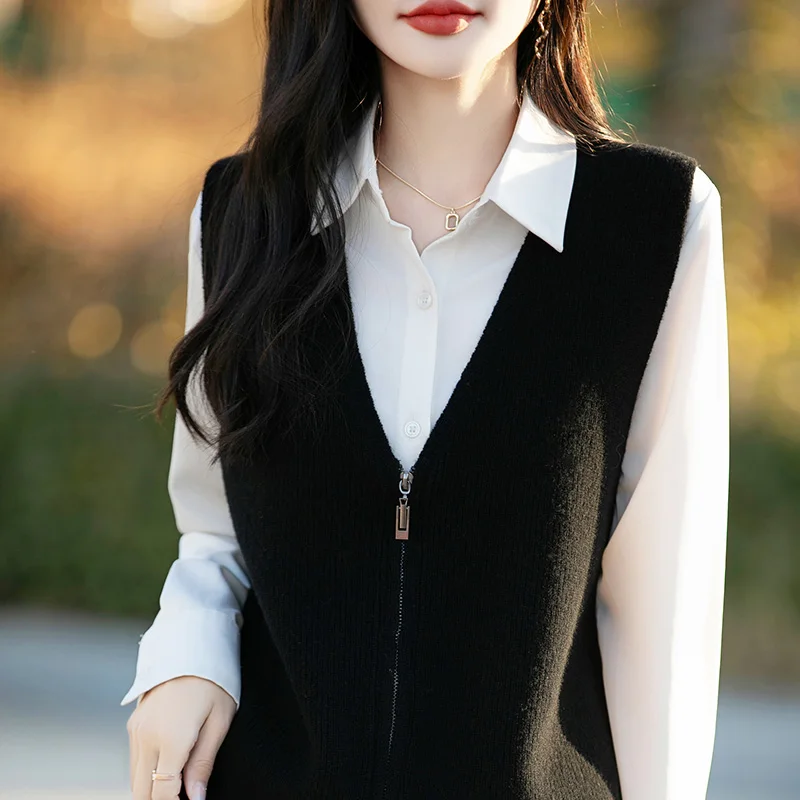 

Basic 100% Merino Wool Fashion Women Solid Color Vest Cardigan Cashmere Sleeveless Layering Comfort Soft Casual Clothing Top