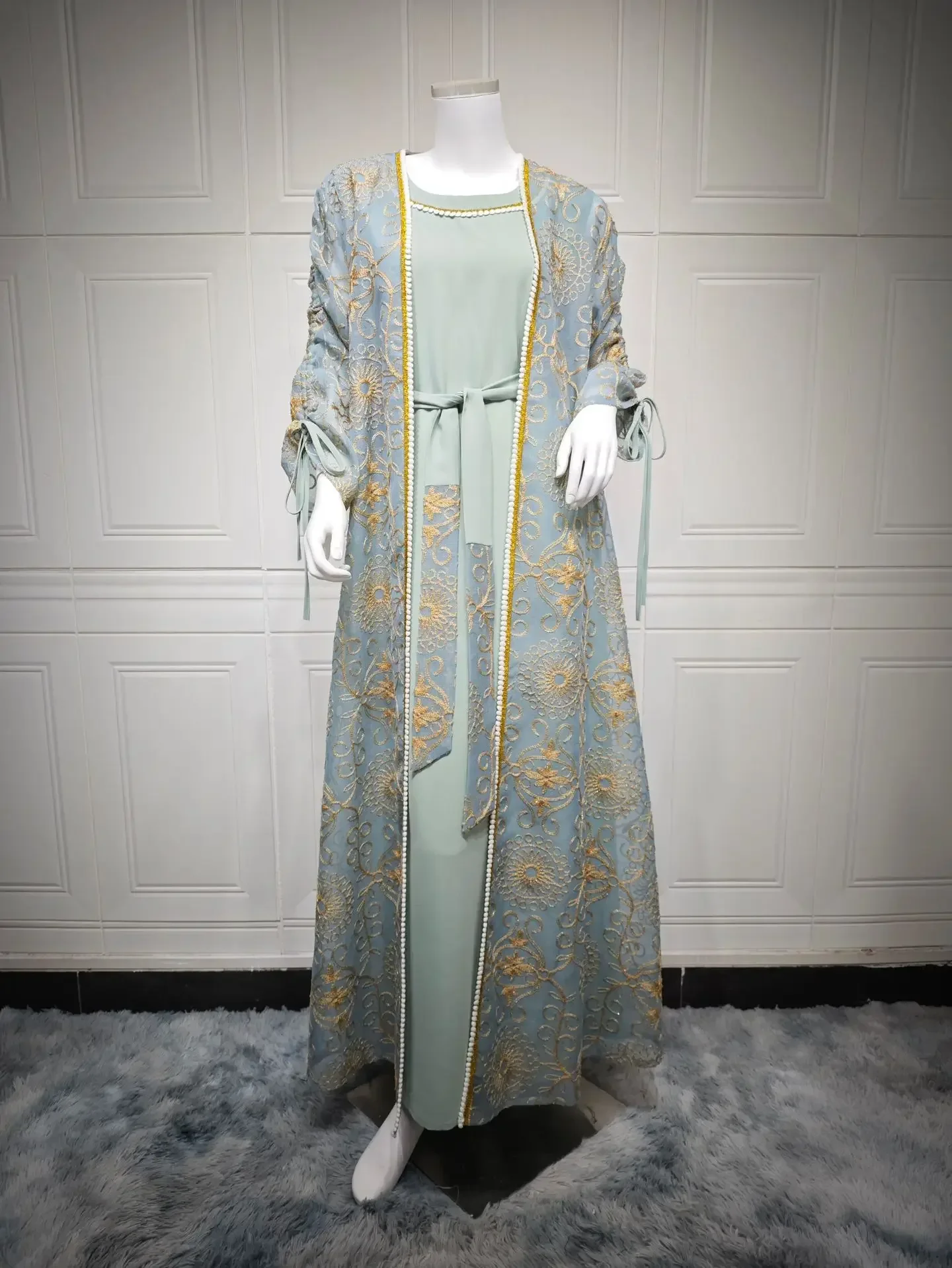 

Muslim Set 2-Pieces Women Open Abaya Embroidery Mesh Kimono Inner Dress Turkey Dubai Kaftan Eid Party Ramadan Caftan Arab Robe