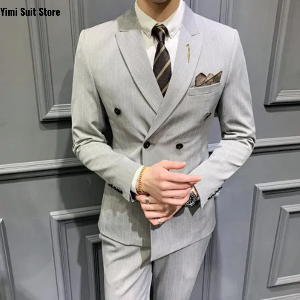 이민피프 그레이 남성 정장 2피스 숄 라펠 새틴 맞춤 정장 웨딩 신랑 스트라이프 비즈니스 남성 의류 슬림핏 XS-5XL