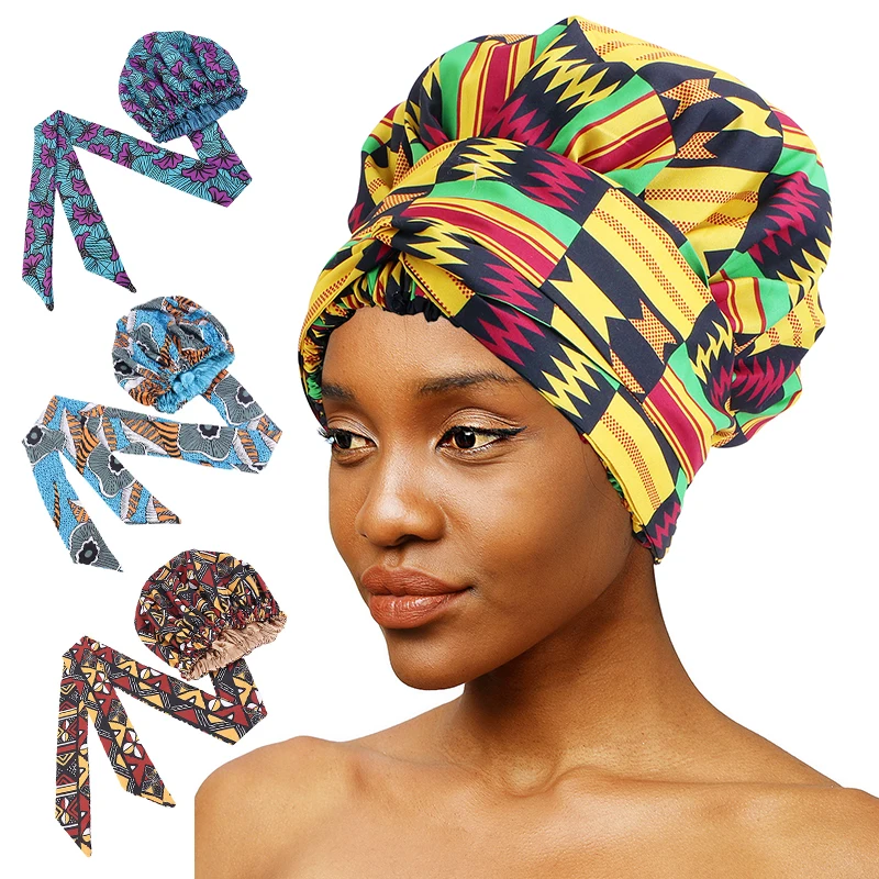 Bonnet de Nuit en Satin Imprimé à Motif Africain pour Femme, Long Ruban, Écharpe de Sauna Double Couche, Grande Taille, Couverture de Cheveux pour