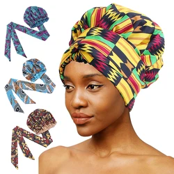 Impressão padrão africano satin bonnet noite mulher boné de sono longa fita headwrap dupla camada lenço grande tamanho adulto capa de cabelo