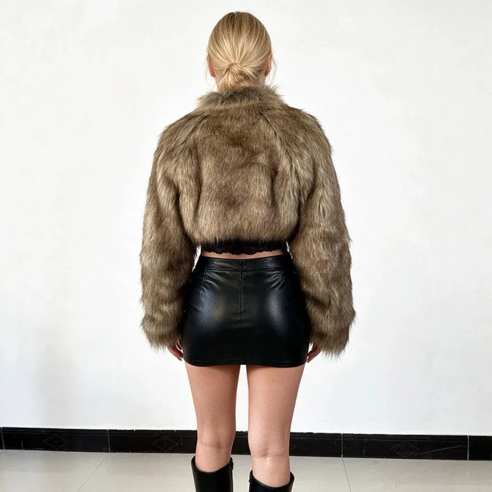 Sexy Baddie Nightclub Party Women Fuzzy Lapel Collar Faux Fur Short Loose Long Sleeve Thick Warm Fluffy Solid Color Winter Coat