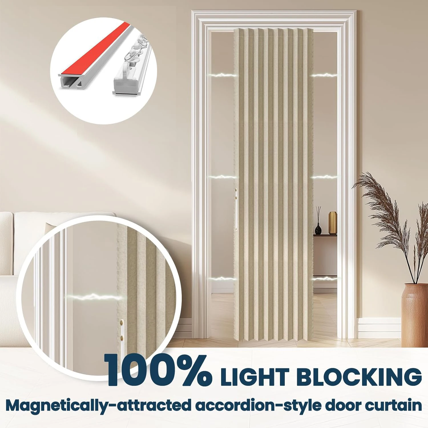 100% Blackout Magnetic Door Curtain Invisible Folding Door for Living Room Accordion Doorway Curtains Sets Included Tracks