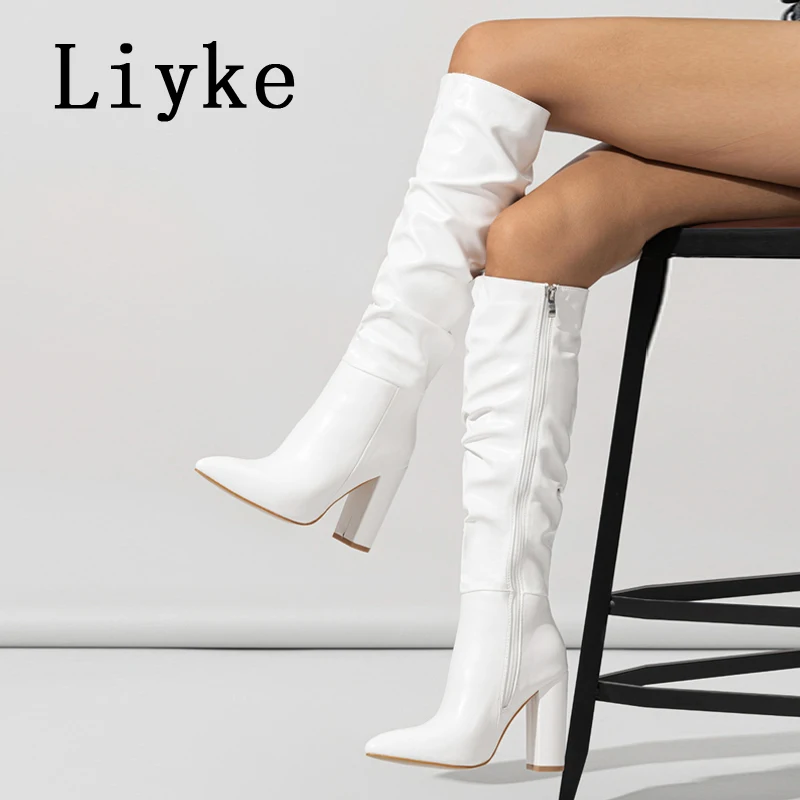 Liyke Fashion Design Pleated Leather Long Boots Women Autumn Winter Chunky Heels Motorcycle Knee High Shoes Botas Largas Mujer