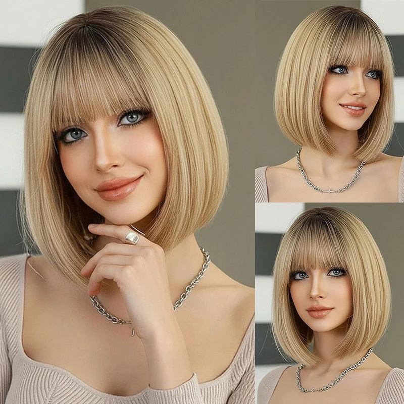 

Short wig with European and American style bangs, straight hair, synthetic fiber, high-temperature silk, gradient golden color f
