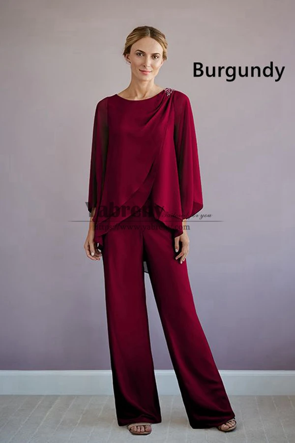 2 Piece Spring Mother of the Bride Pant Suits, Burgundy Chiffon Groom Outfits for Wedding Guest