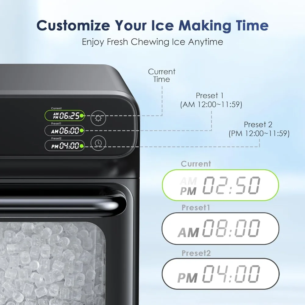 Soundwave pebble ice maker, 33 pounds/day, LED display screen with preset time, self-cleaning and automatic water replenishment