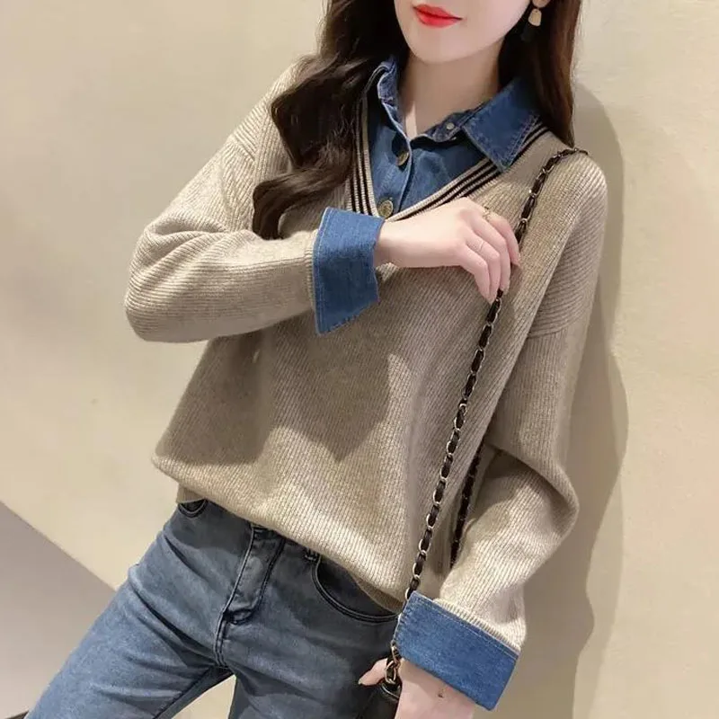 

New Spring and Autumn Fashion Trend Fake Two Piece Panel Denim Shirt Collar Loose Versatile Casual Age Reducing Women's Sweater