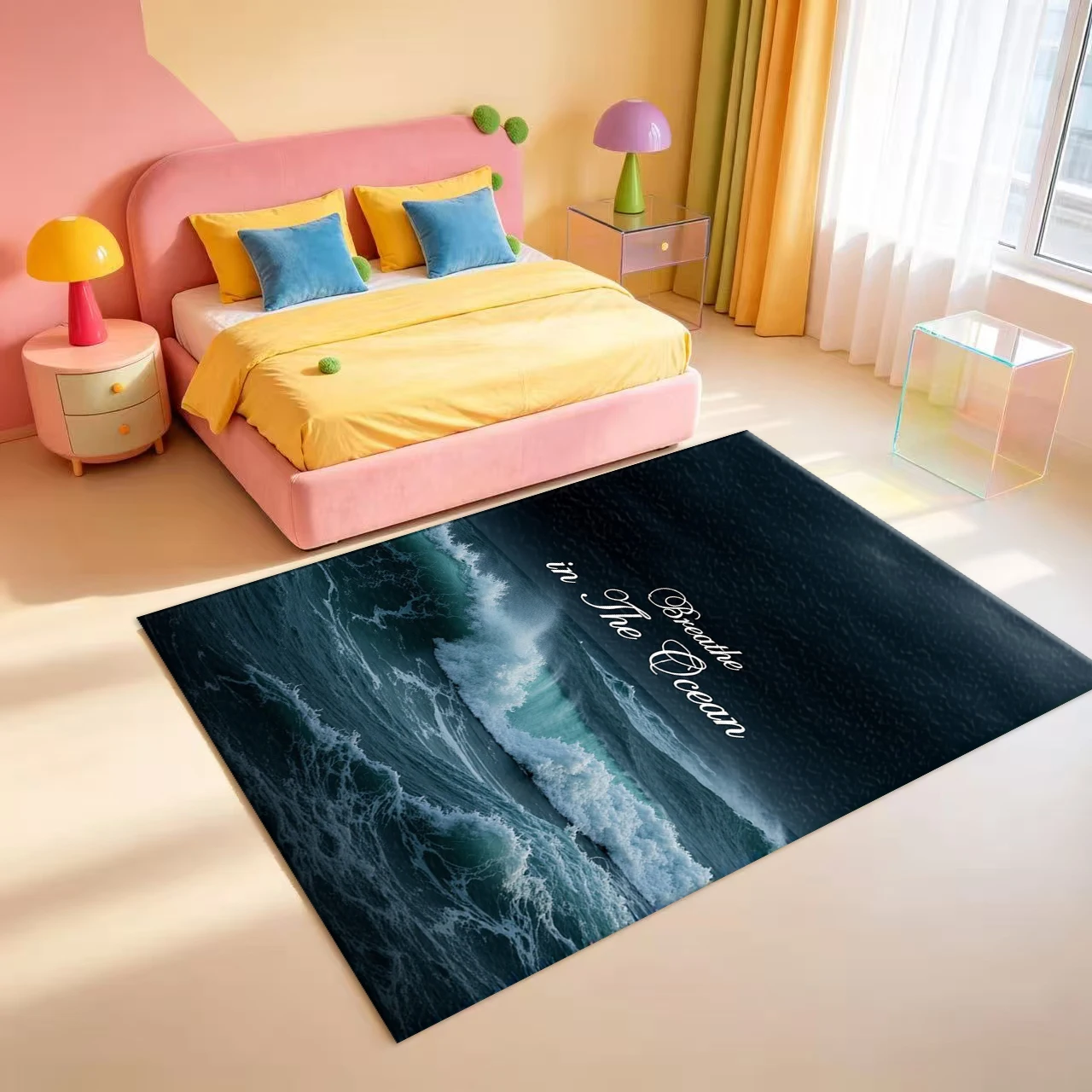 Ocean Wave Sea Surf Breathe In The Ocean Quote Art carpet flooring Nautical Scenery Area Rug For Indoor Home Floor Ornament