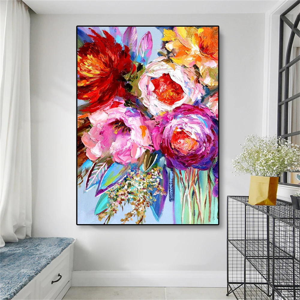 Flowers Oil Painting Poster Flowers Colorful Prints Flower Canvas Painting Floral Texture Oil Painting Home Office Wall Decor