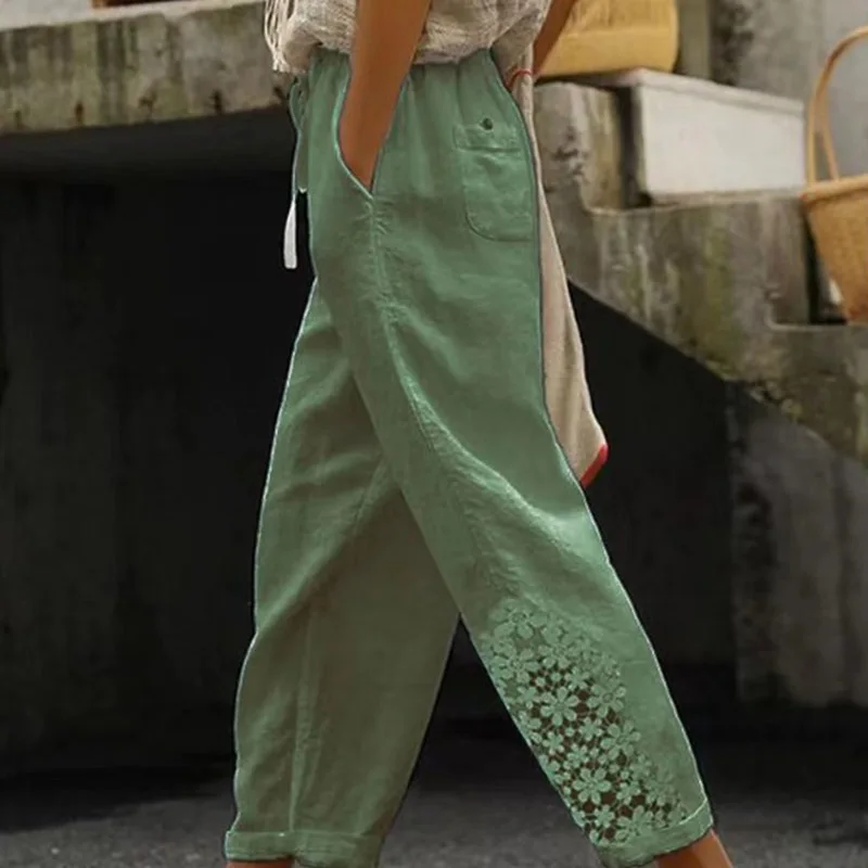 Women's Fashion Solid Pants 2023 Clothing Lady Boho Lace Jacquard Sweatpants Vintage Drawstring Mid Waist Trouser With Pockets