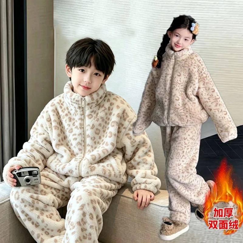 Boys Girls  Fleece Sets Kids Winter Thickened Pajamas Suits Children Warm Double-sided Clothes Padded Leopard Print Outfits