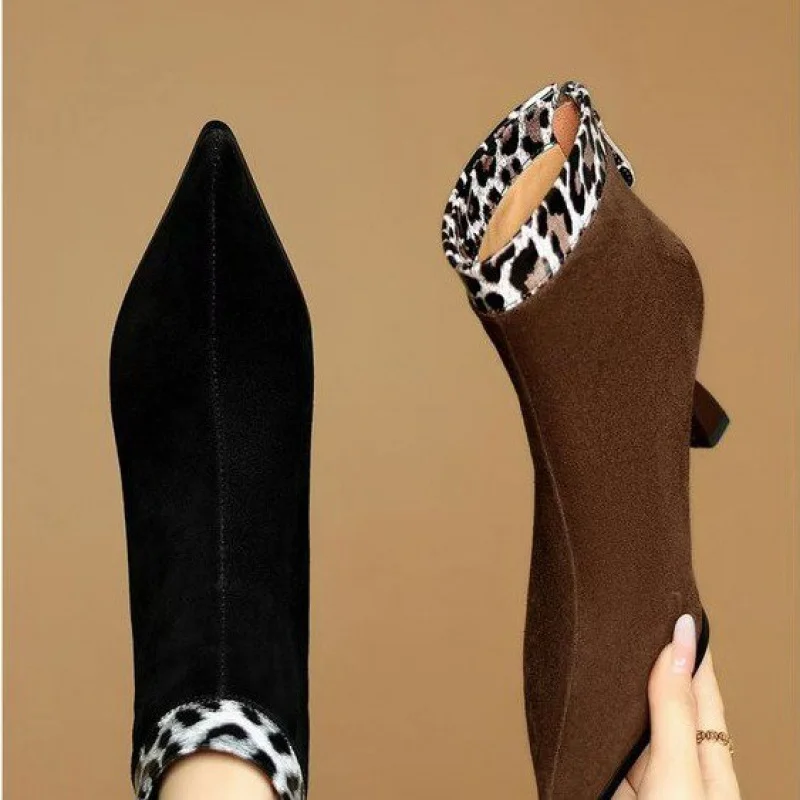 

2026 Autumn/Winter New Women's Suede Pointed Toe Ankle Boots - Stiletto Heel Slimming Boots, Rear Zipper Warm Fashion Boots