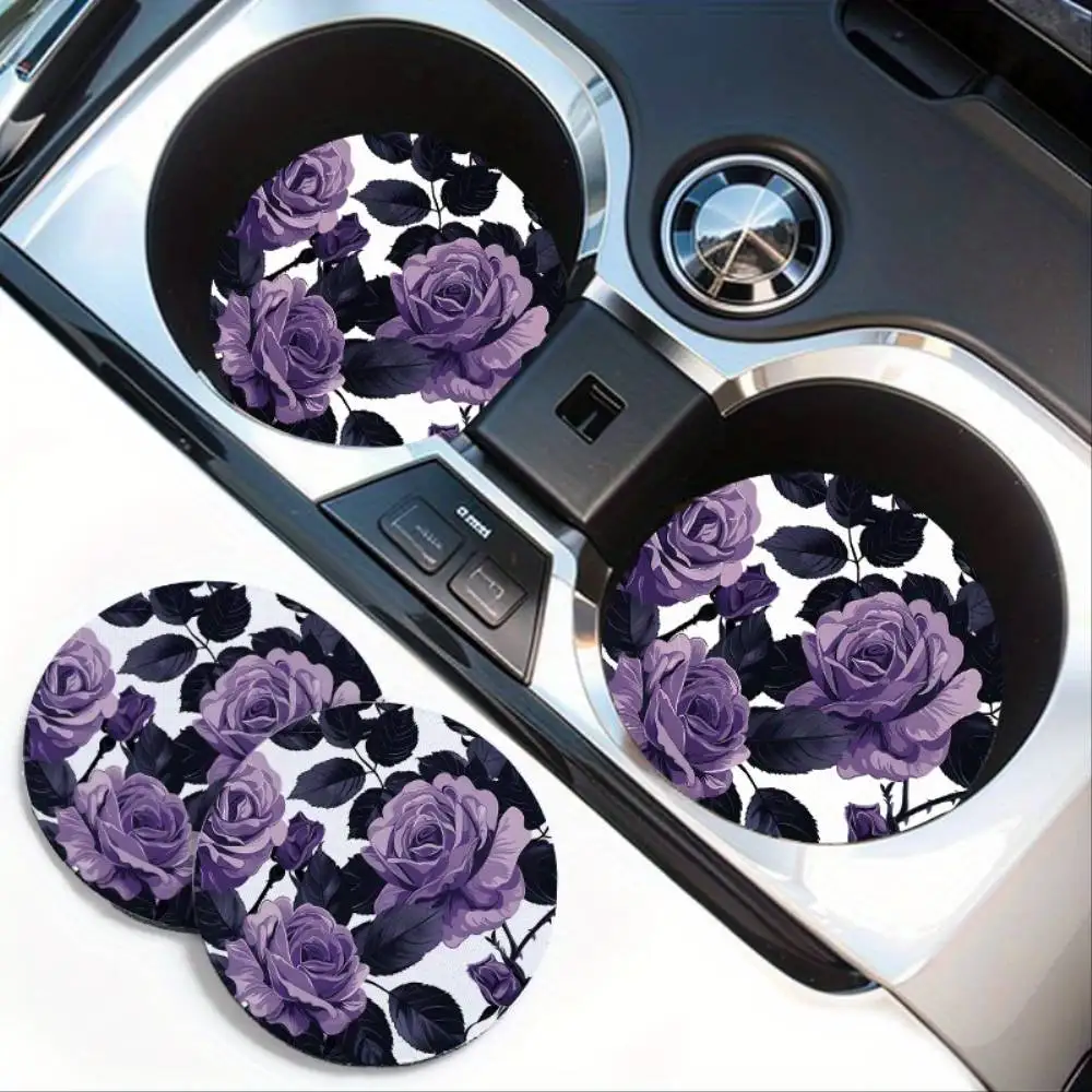Purple Rose Print Non-Slip Rubber Car Cup Holder Coasters Vehicle Interior Accessories