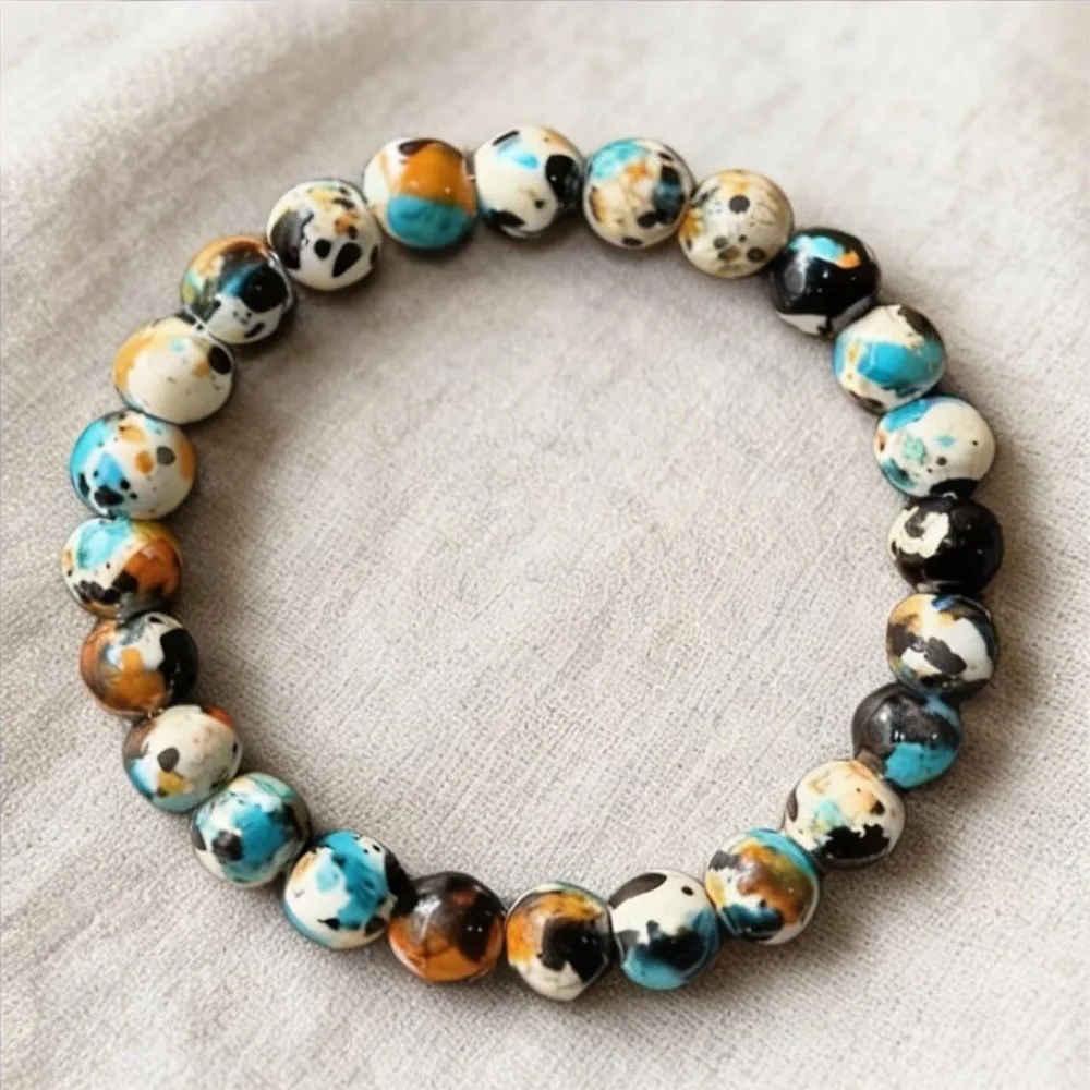 Marbled Ceramic Beaded Stretch Bracelet 8mm Round Art Stone Yoga Meditation Unisex Emotional Balance Layered Jewelry