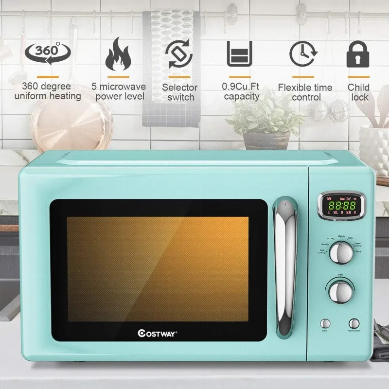 COSTWAY Retro Countertop Microwave Oven, 0.9Cu. ft, 900W Microwave Oven, with 5 Micro Power, Defrost & Auto Cooking Function