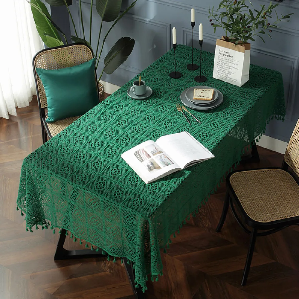 Handmade Tablecloth Hollow Retro Dark Green Rectangular Round Tablecloth Tassel Home Wall Cabinet TV Dust Cover Cloth Decoration