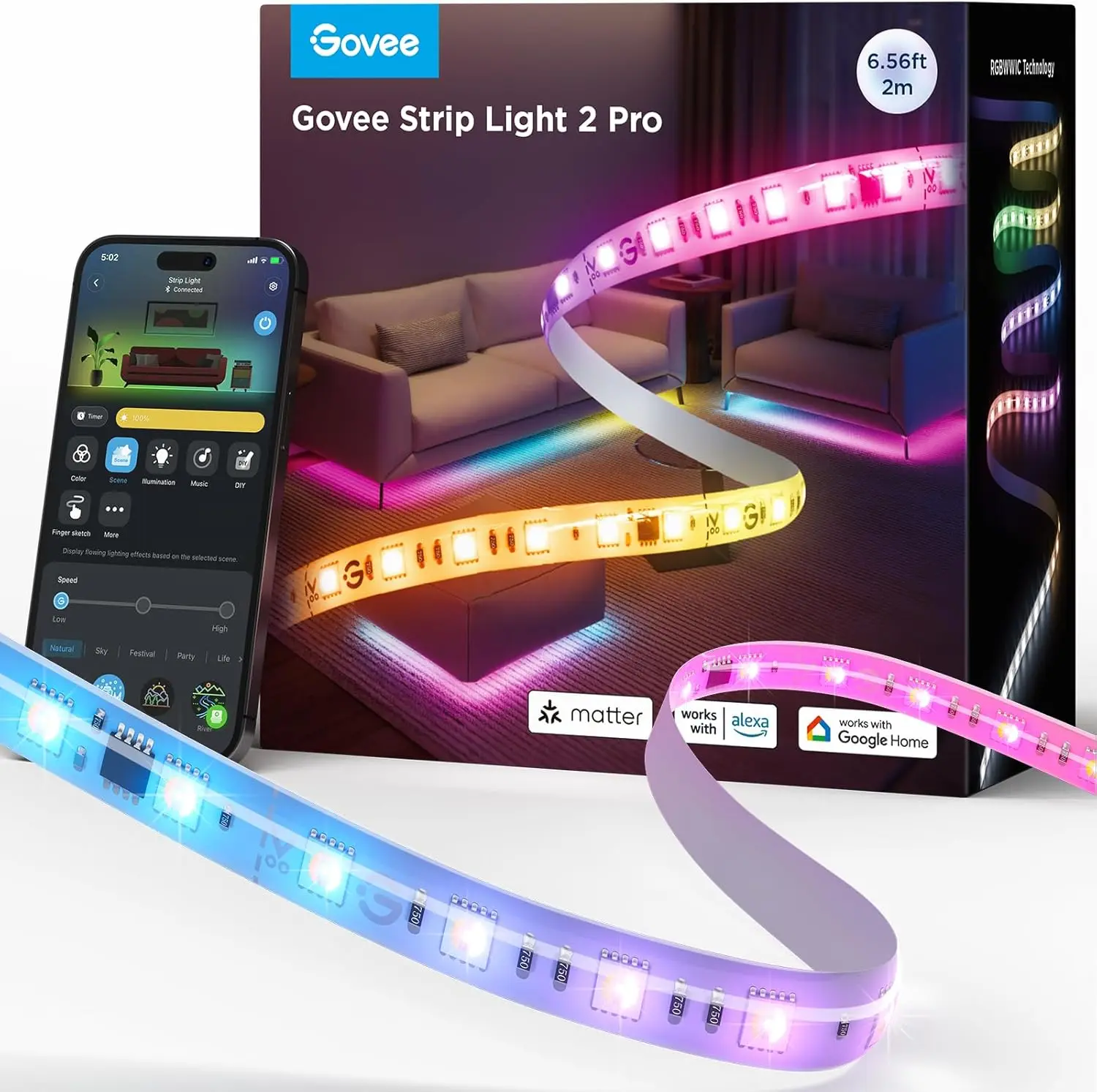 

Smart LED Strip Lights with Matter, Alexa & Google Assistant, Color Changing for Bedroom, Gaming Desk, Home Decor