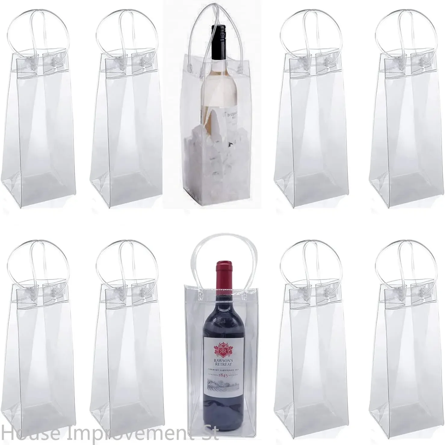 10 Pack Ice Wine Bag with Handel Collapsible Clear PVC Pouch Wine Cooler Bag Wine Chiller Sleeves for Champagne Beer Beverages