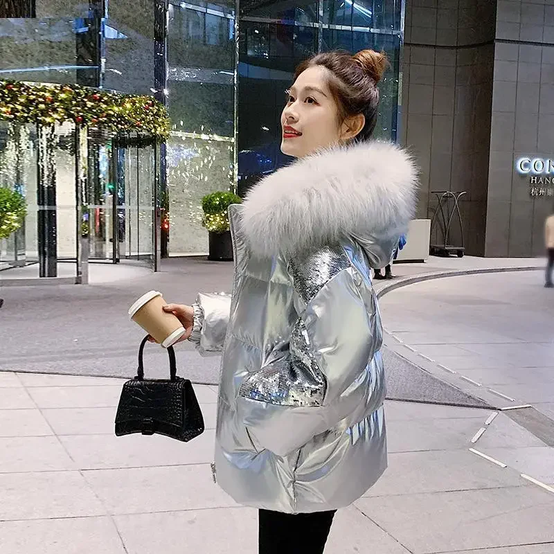 Winter Silver Glossy Down Jacket 2024 New Women\'s big fur neck hooded coat Female Thicken Parkas Fashion Short sequined jackets