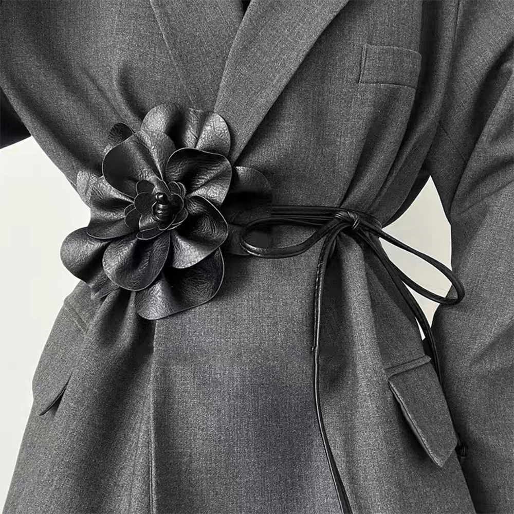 

Fashion Big Flower PU Leather Belt Braid Tie Waist Rope Women Long Tassel Thin Waist Strap Woven Waistband Knotted Waist Chain