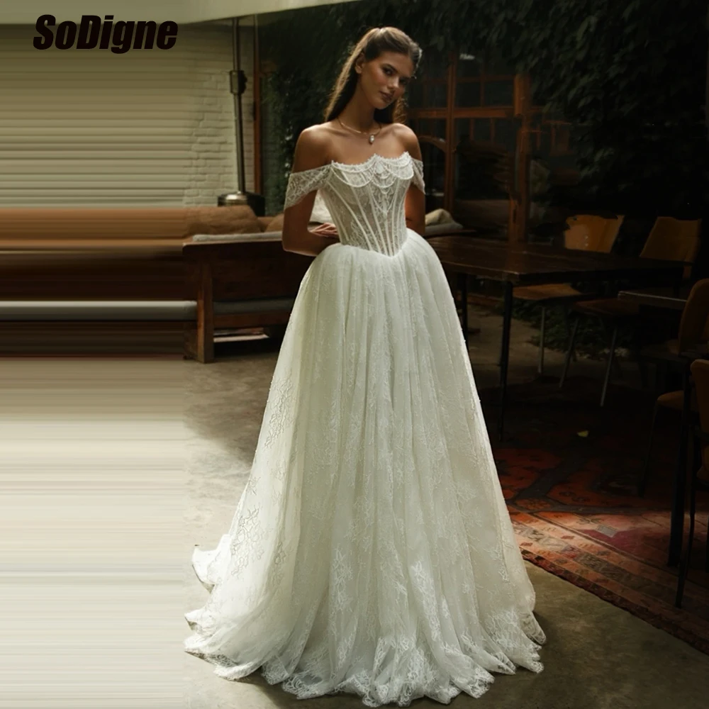 

﻿ SoDigne A-line Off Shoulder Lace Wedding Dresses Sleeveless Bridal Dress Boho Long Bride Gown vestidos de novia Customized