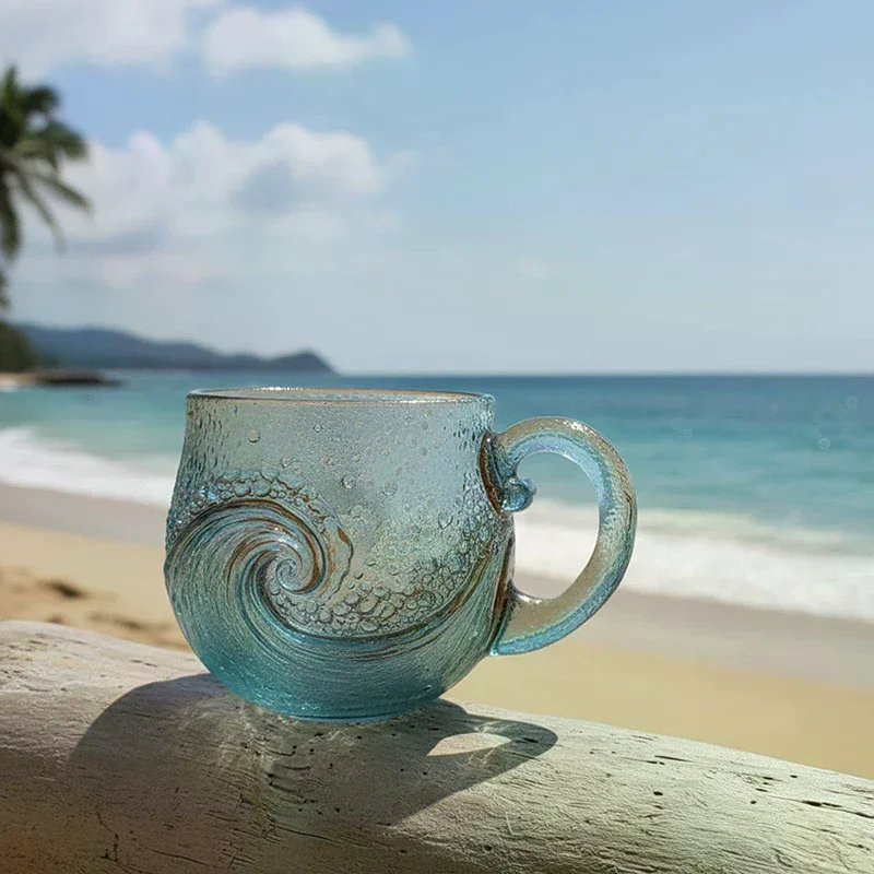 Sea Glass Wave Mug 12 Oz Handblown Ocean Wave Glass Mug Cup Unique Textured Beach Theme Mug For Tea Wine Handcrafted Sea Inspire