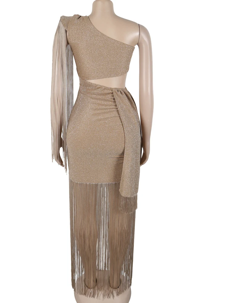 Kricesseen Vestido sexy de fiesta con un solo hombro y purpurina para mujer con borlas y bodycon para eventos de noche/club