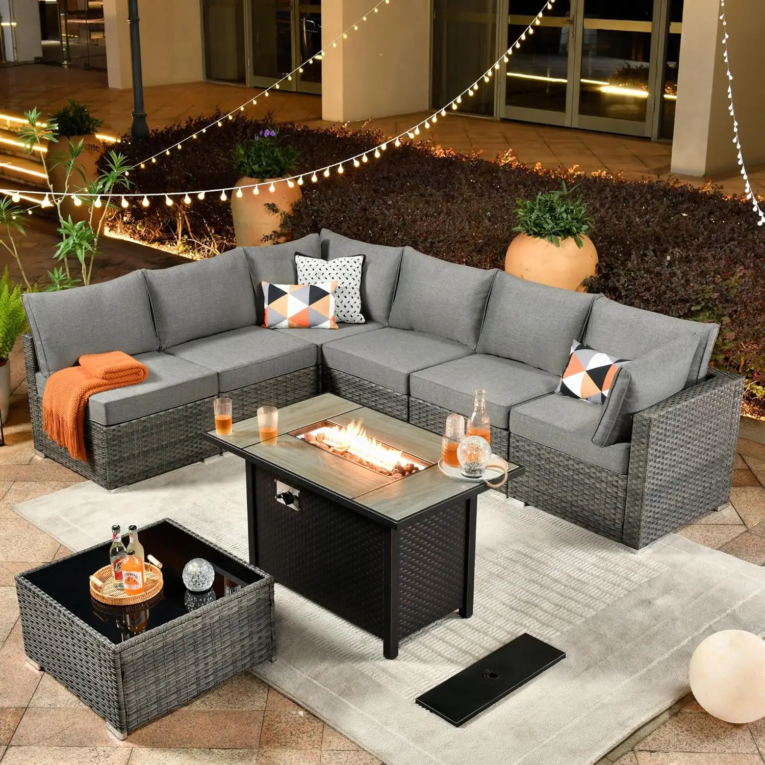 

Outdoor 8 PC Patio Furniture Set with Fire Pit Table,Conversation Sectional Wicker Couch with Coffee Table,Modern Outside Sofa