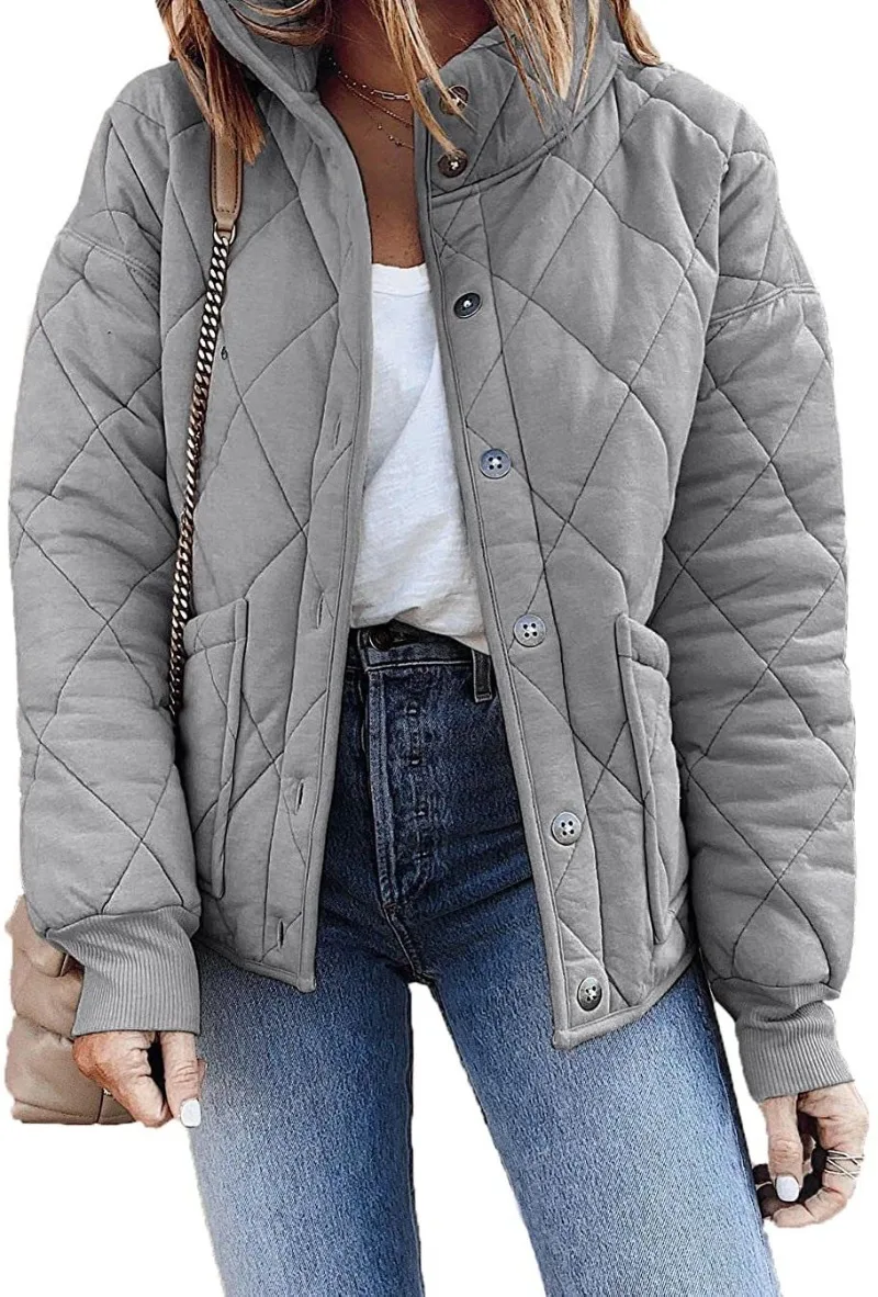 Women\'s Quilted Jacket Long Sleeve Spring and Autumn Thin Casual Stand-Up Collar Button Jacket with Pocket