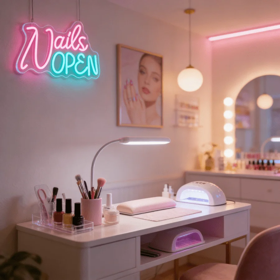 Nails Open Neon Sign LED Light Wall Art Sign for Nail Salon Beauty Spa Shop Decor Aesthetic Mood Lighting Business Advertisement