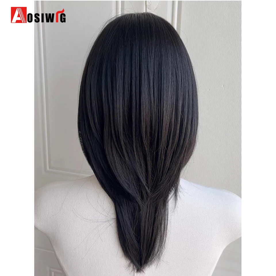 AOSI Short Mullet Head Wigs Synthetic With Bangs Straight Anime Men Black Gray Hair Wig For Daily Party Cosplay Lolita Wig