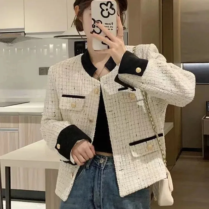 

Autumn Winter New Outer Wear Tweed Knitted Coat Women's French Style Overcoat Small Fragrant Style Outwear Suit Top Short Jacket