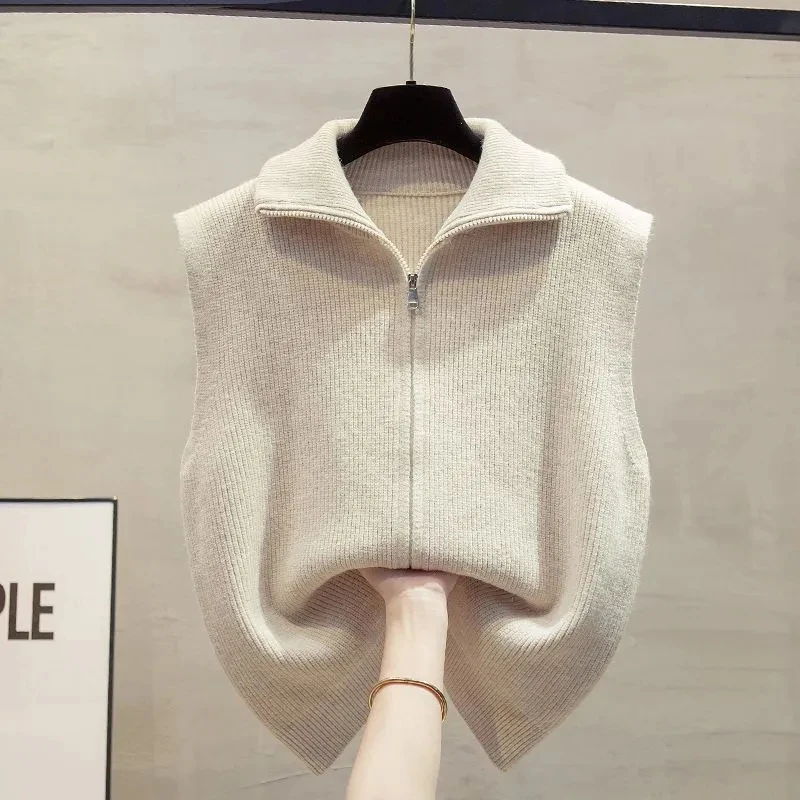 

Double Zipper Women Knitted Sweater Vest Spring Autumn Stand Collar Sleeveless Sweater Vest Solid Waistcoat Outer Wear Vest Top