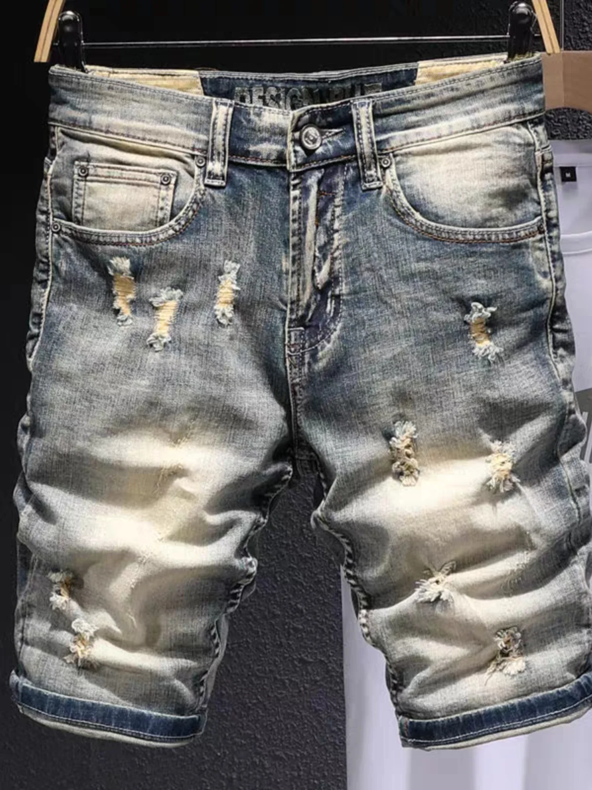 

Summer Vintage Ripped Patchwork Men's Denim orts Elastic Slim Fit Five-Quarter Length Korean Trendy Brand Cotton Stretch Jeans