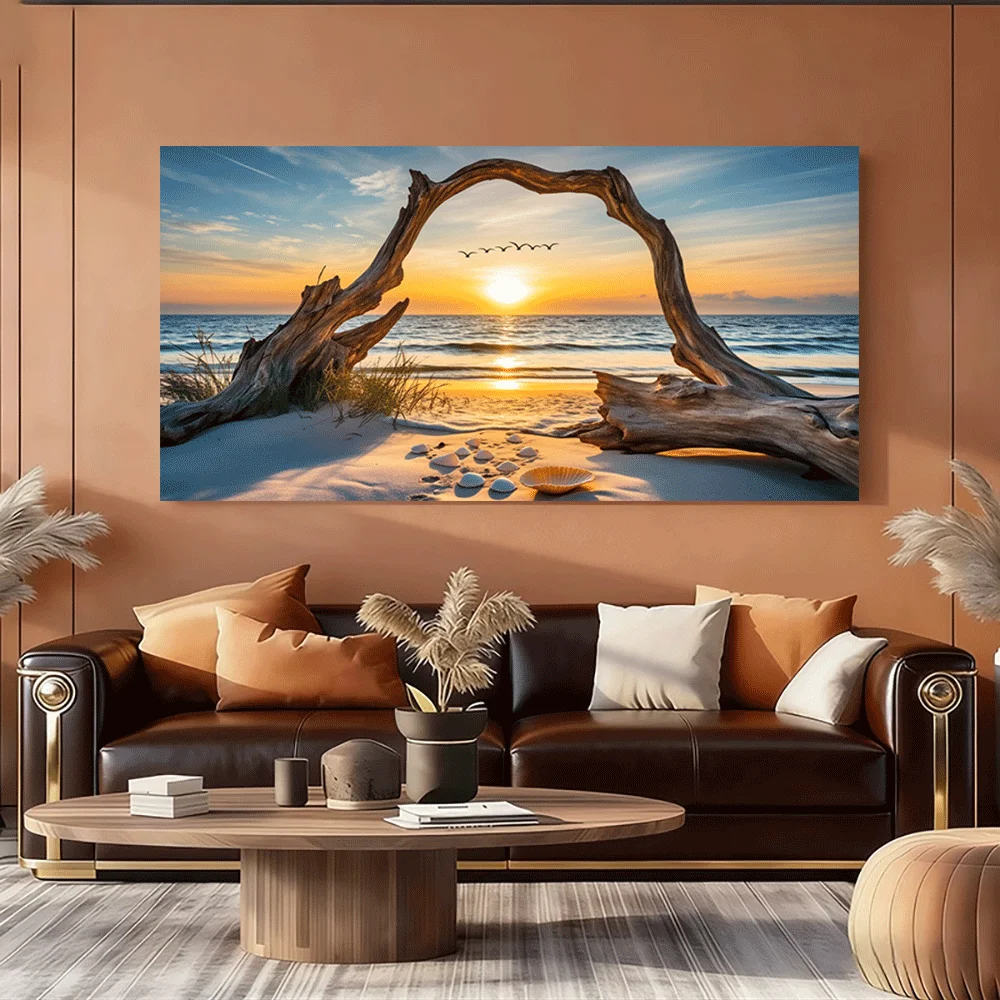 1PC-Canvas poster Unframed  Sunset Beach Driftwood Heart Frame Ocean View Seashells Sky Birds Nature Art Print