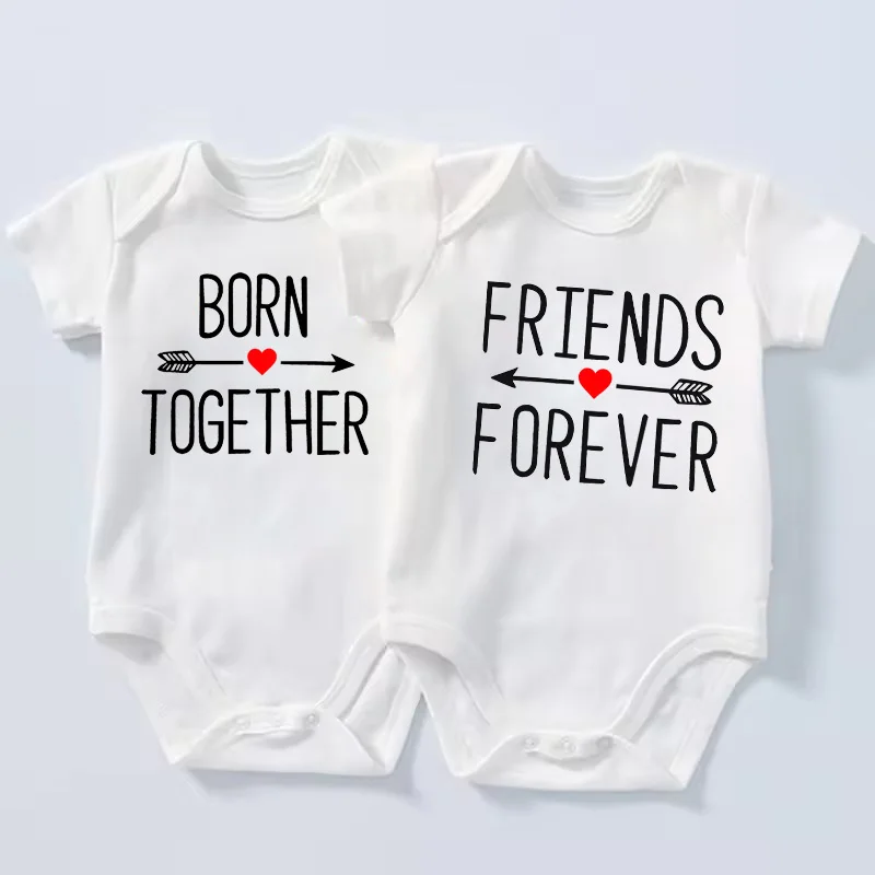

1 шт., одежда для новорожденных «Рожденный вместе и друзья навсегда», летние комбинезоны с короткими рукавами, детские боди для близнецов, комбинезон для малышей