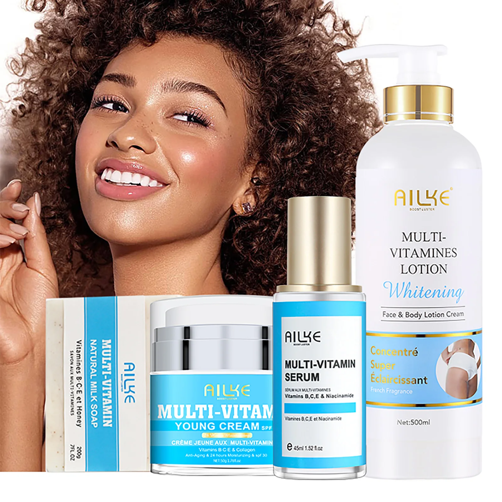 AILKE Multi Vitamin Skin Care Kit, Lightening, Brightening, Moisturizing, Clean Stain, Even Toning for Black, Dark,Caramel Skin