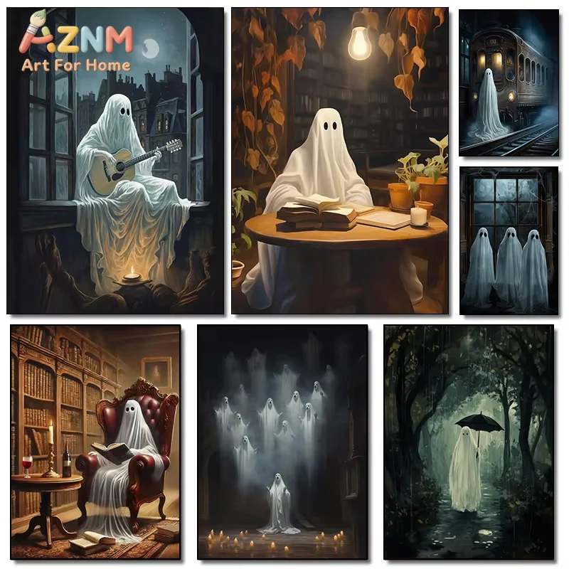 1PC Fun White Ghost Dark Academy Halloween Horror Retro Posters Prints Canvas Painting Wall Art Picture Living Room Home Decor