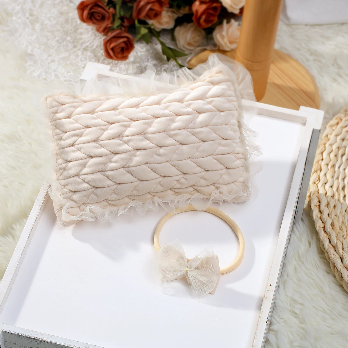 2Pcs Newborn Pillows Photography Props Bowknot Hairband Studio Shooting Baby Basket Cushion Mat Photoshoot Accessories Set