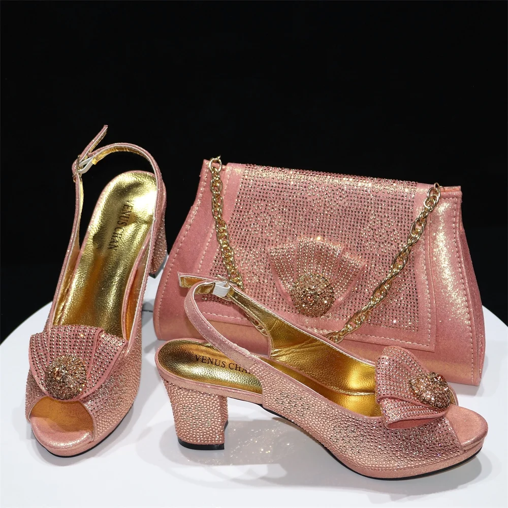 doershow  New Arrival Shoes and Bag Set African Sets 2023 peach Nigerian Women Shoes and Matching Bags Set for wedding  SRE1-18