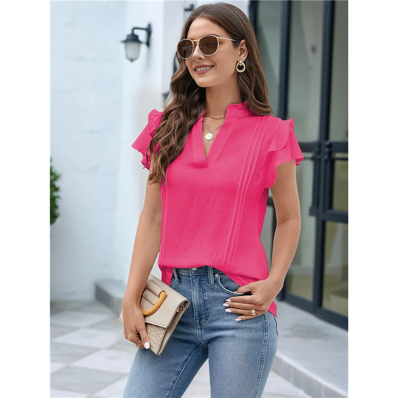 

ABRT-Женские нарядные повседневные топы с рюшами и короткими рукавами, рубашки с v-образным вырезом, элегантная деловая рабочая блузка