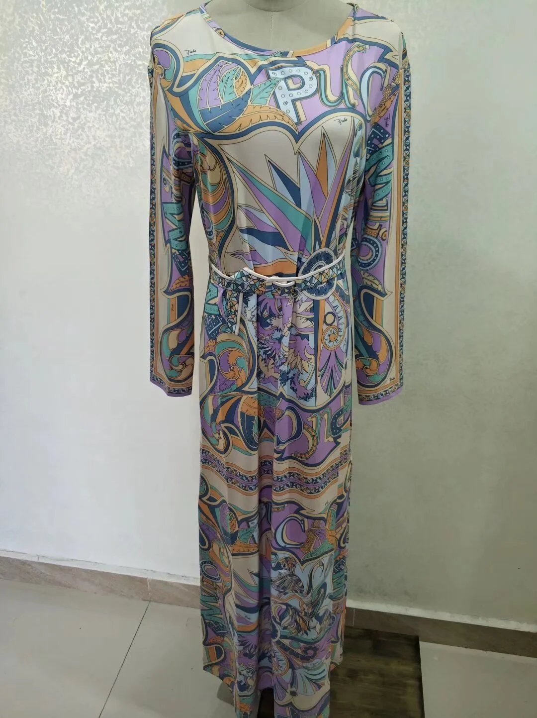 

Maxi Dress Silk Women Knit Elastic Slim Waist Robe Bohemian Print Sashes Full Sleeve Elegant Dress