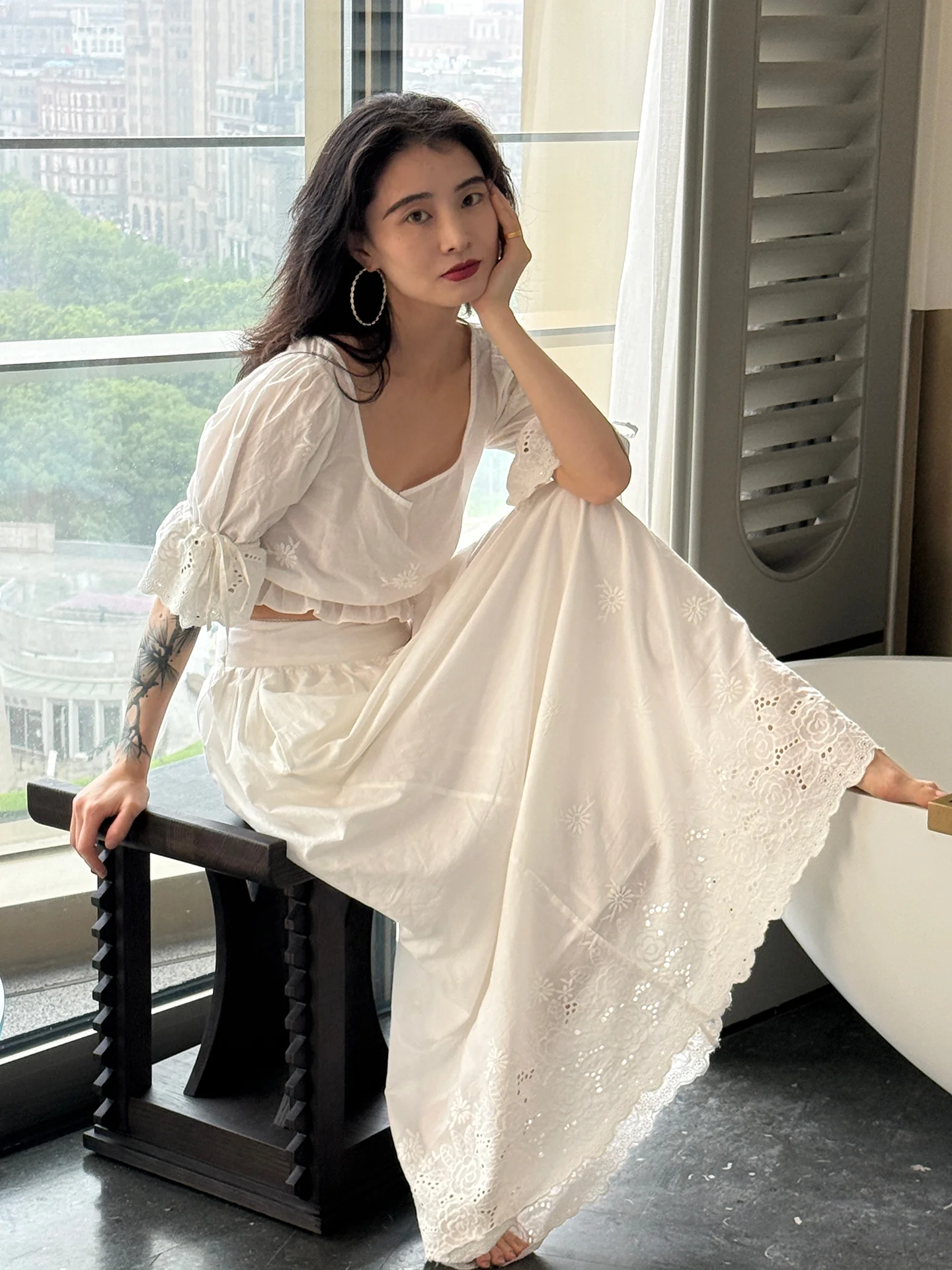 

High Waist Cotton Embroidery Skirt by Ninth Cloud mat Sle Rose Pattern Hollow out Crt a Line Loose Fit Daily Wear