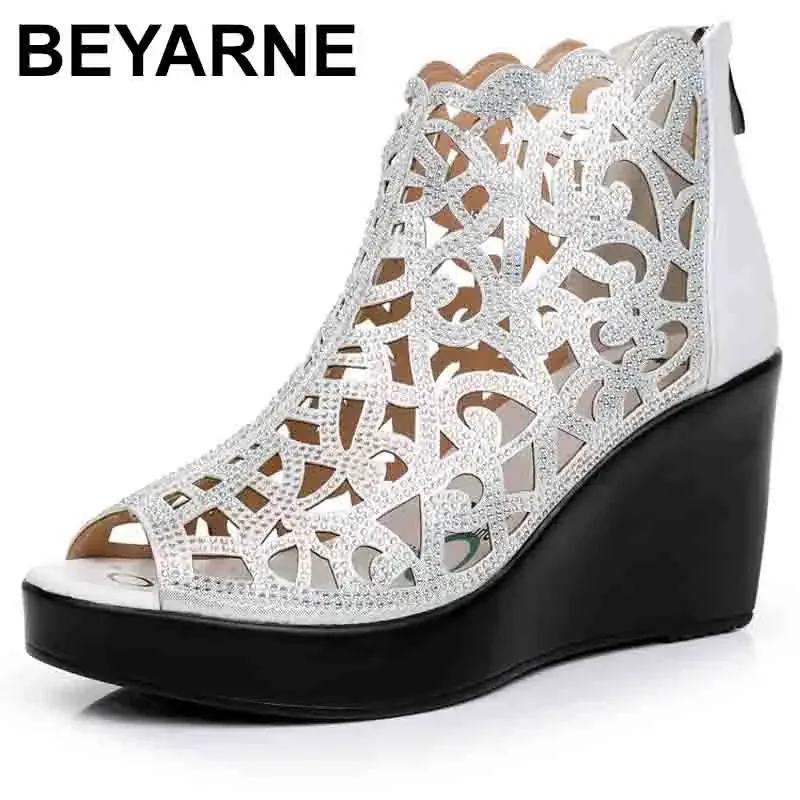 

Summer New Fish Mouth Hollow Microfiber Rhinestone Shoes Wedge Sandals High Heel Sandals Fashion Elegant Women Sandals