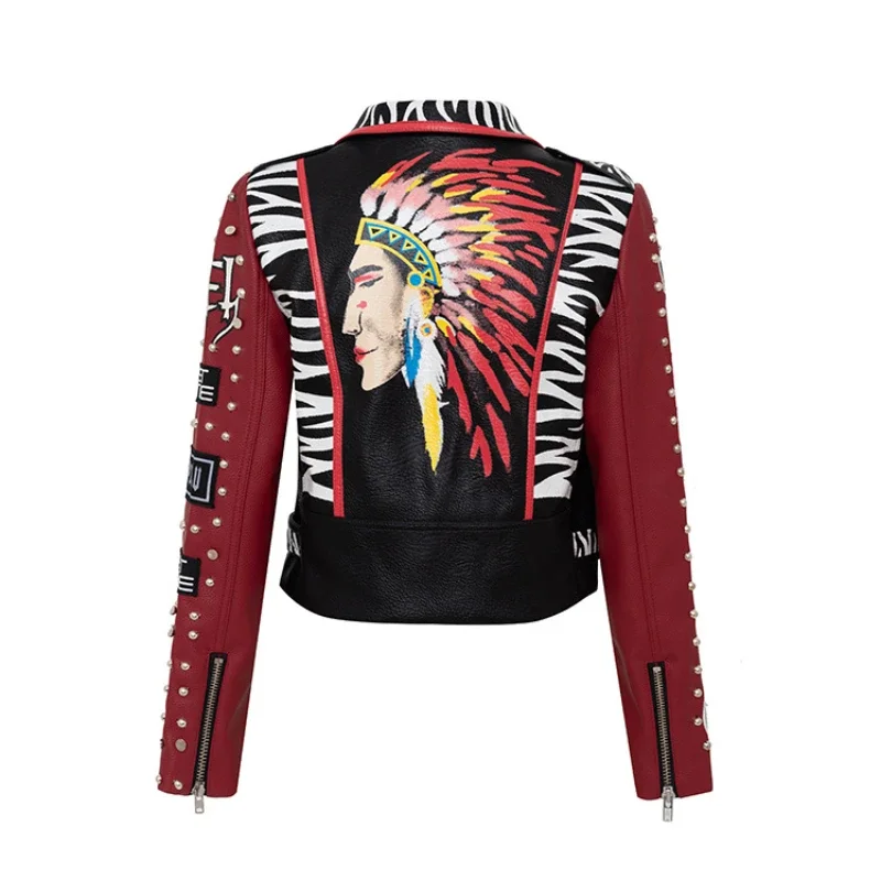 Graffiti Print Motorcycle Leather Jacket Women 2024 Trend Punk Rivets Streetwear Black Red Stitched Faux Leather Cropped Jacket