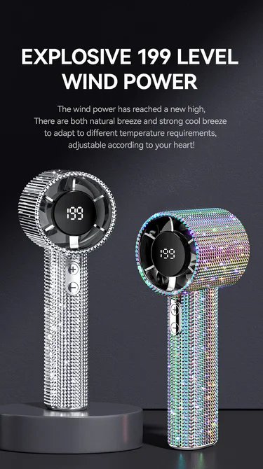 2026 Neuer 199-Gang Tragbarer Handventilator mit Funkelnden Imitationsdiamanten & LED-Display, USB-Aufladbarer Mini-Ventilator für Draußen – Detail 7