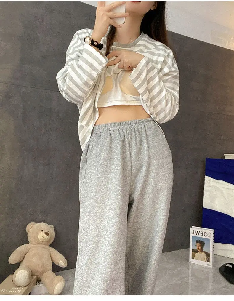 Damen-Herbst-Pyjama mit Brustpolstern, gestreift, langärmelig, Übergröße, O-Ausschnitt, schlicht, lässig, modisch, koreanischer Schulpyjama, Homewear – Detail 7